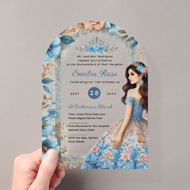 Acrylic Quinceañera Invitations Navy Blue Dress (Insitu (Handheld))