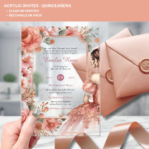ACRYLIC Quinceanera Rose Gold Pink Dress Tiara Invitations