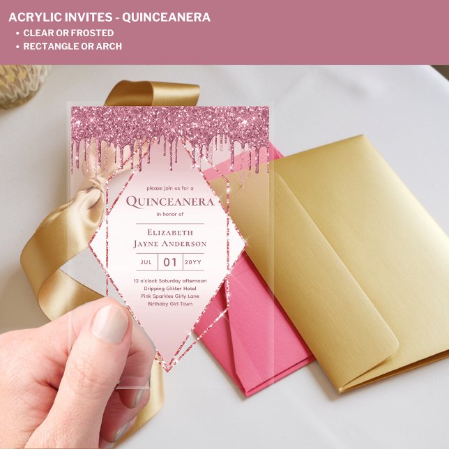 ACRYLIC Quinceanera Rose Gold Pink Glitter Invitations (Creator Uploaded)