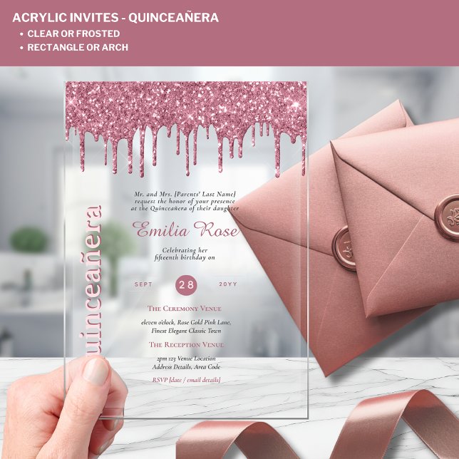 ACRYLIC Quinceanera Rose Gold Pink Glitter Invitations (Creator Uploaded)