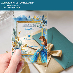 ACRYLIC Quinceanera Teal Gold Floral Dress Quince Invitations