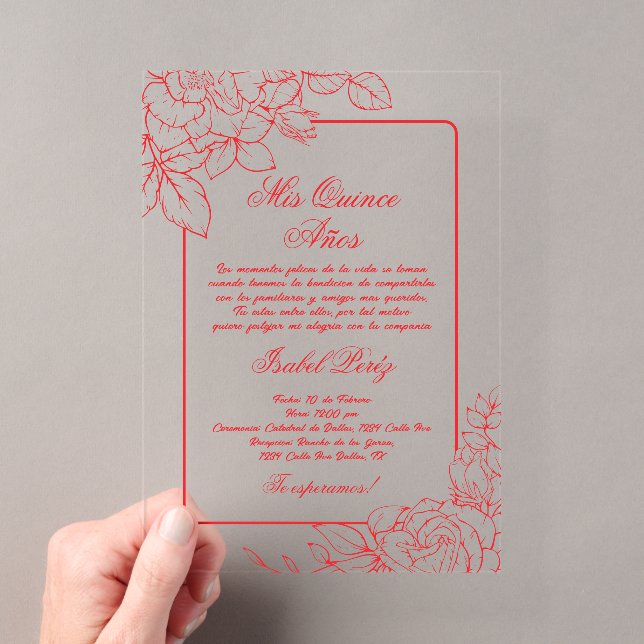 Acrylic red frame Spanish Quinceanera  Acrylic Invitations (Insitu (Handheld))