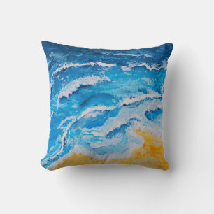 Acrylic sea and beach painting on drawing stand wi throw pillow