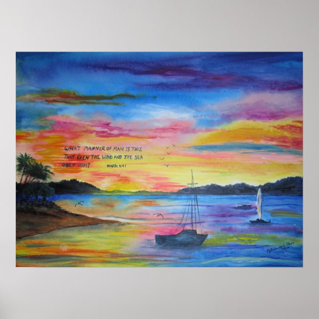 Acrylic Seascape Painting with Scripture Poster (Front)
