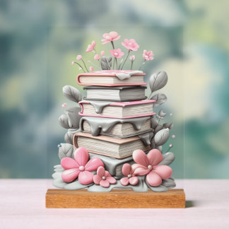 Acrylic Sign with Block - Flowers with Books
