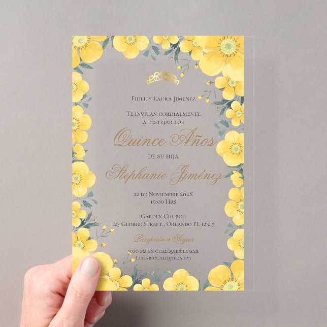 Acrylic Spanish Quinceanera yellow floral invit Acrylic Invitations (Insitu (Handheld))