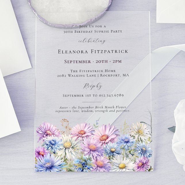 ACRYLIC SURPRISE PARTY 30 September Birth Flower  Invitations (Creator Uploaded)