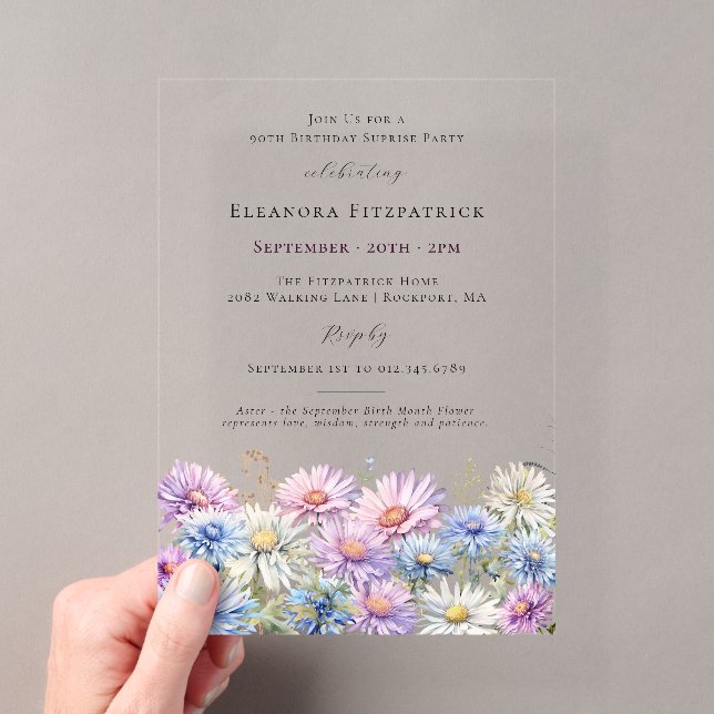 ACRYLIC SURPRISE PARTY 90 September Birth Flower  Acrylic Invitations (Insitu (Handheld))