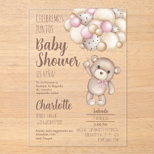 Acrylic Teddy Bear Baby Shower Girl Spanish Invitations