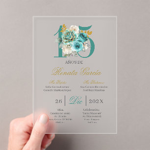 Acrylic Turqouise floral quinceañera invitation