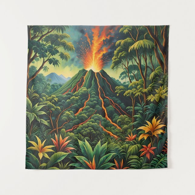Acrylic Volcano on Tree-Filled Island Tapestry (Front)