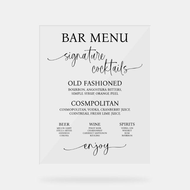 Acrylic Wedding Bar Menu Sign (Front)