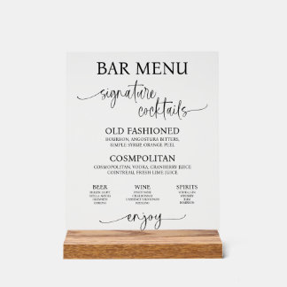Acrylic Wedding Bar Menu Sign