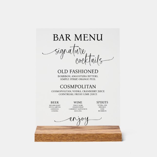 Acrylic Wedding Bar Menu Sign (Front)