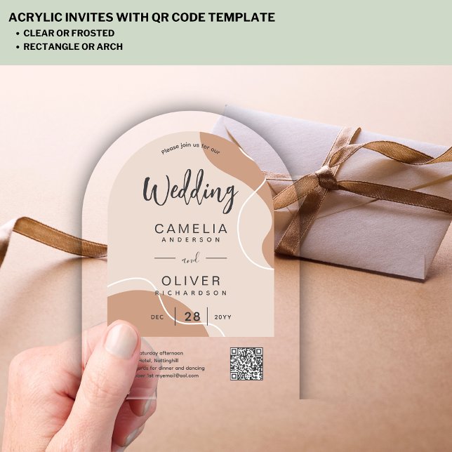 ACRYLIC WEDDING Earth Tones Abstract QR Code RSVP Acrylic Invitations (Creator Uploaded)