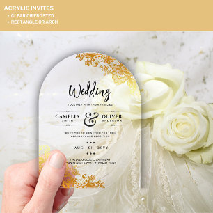 ACRYLIC Wedding Invites Elegant Gold Lace Invitations