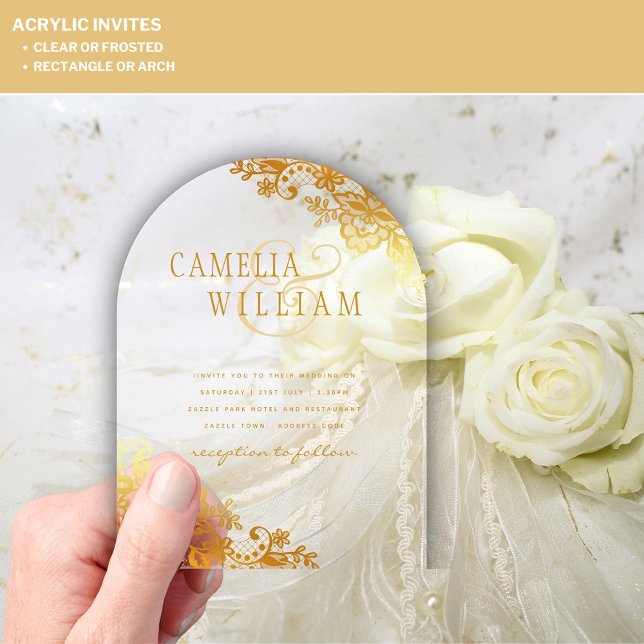 ACRYLIC Wedding Invites Gold Lace Clear Modern Acrylic Invitations (Creator Uploaded)
