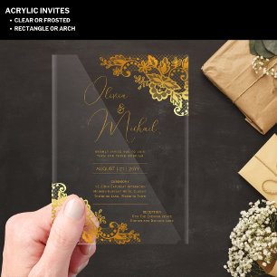 ACRYLIC Wedding Invites Gold Text Lace Elegant Acrylic Invitations