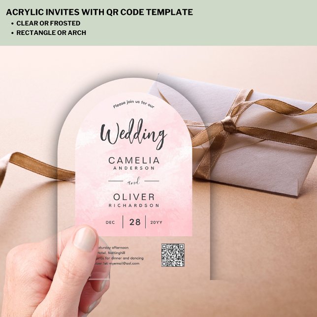 ACRYLIC WEDDING Pink Ombre Grey QR Code RSVP Invitations (Creator Uploaded)