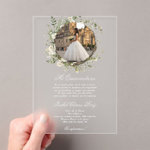 acrylic white dress quinceañera invitations