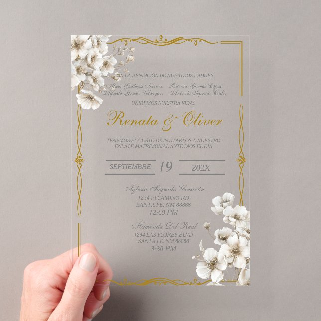 Acrylic white floral Spanish Wedding Acrylic Invitations (Insitu (Handheld))
