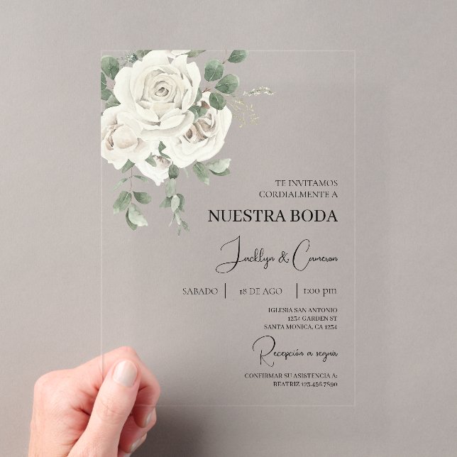 Acrylic White Floral Spanish Wedding Invitation (Insitu (Handheld))