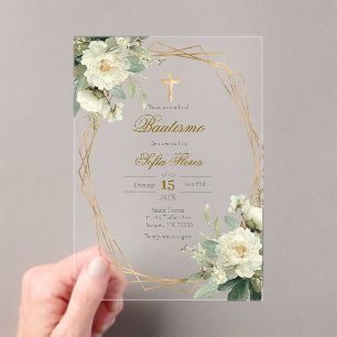 Acrylic White flower bouquet Baptism in Spanish Invitations