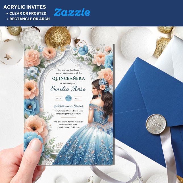 Acrylique Quinceañera Invitations Marine Robe Bleu (Créateur téléchargé)