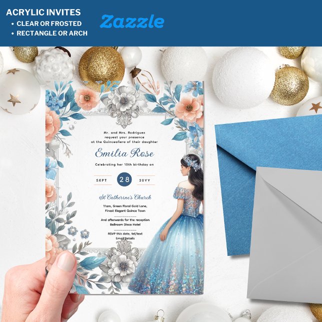 Acrylique Quinceañera Invitations Marine Robe Bleu (Créateur téléchargé)
