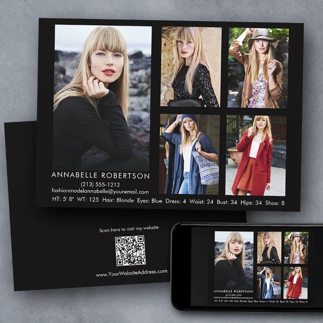 Acteur de modèle de photo moderne 5 QR Code carte  (Customize to change background color, text size, style or to add more photos to back of card.)