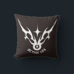 Active Life – Tribal Wings Star Emblem Throw Pillow<br><div class="desc">This bold black-and-white emblem features a stylized tribal design resembling wings or flames rising from a circular base with a star-like figure at its centre. Beneath the design, the phrase “ACTIVE LIFE” is displayed in bold, curved capital letters. The strong contrast against the black background emphasizes energy, vitality, and dynamic...</div>