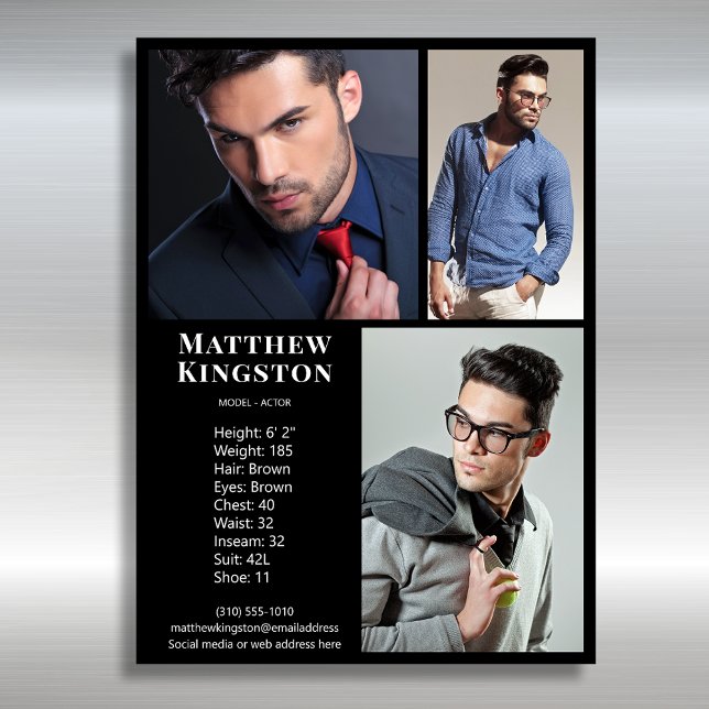 Actor Model 3 Photo Pro Comp Card Template Black (Available in print or instant digital download for quick messaging, email or self printing.)