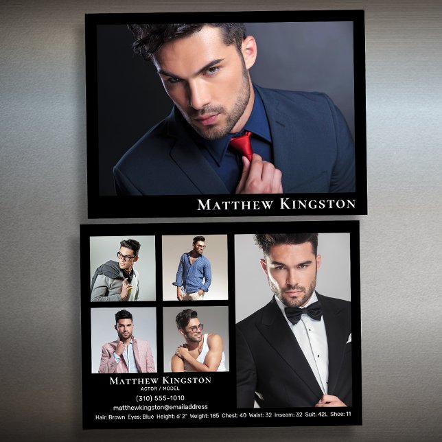 Actor Model 6 Photo Zed Card Template Black (Available in high quality print or digital download for quick messaging, email or self printing.)