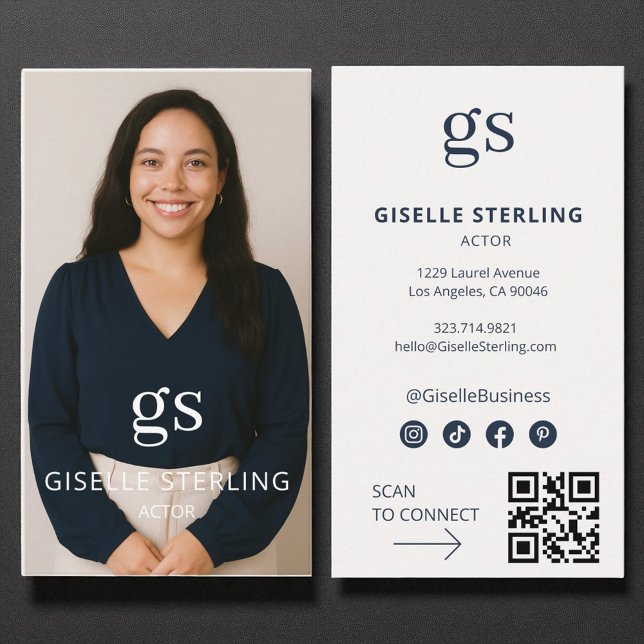 Actor Photo Social Media QR Code Modern Business Card (Creator Uploaded)