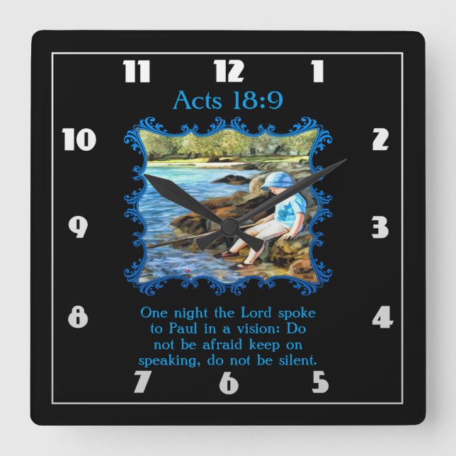 Acts 18:9 Baby boy fishing in the river.  Square Wall Clock (Front)