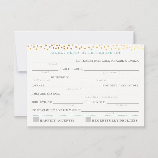 AD LIB RSVP REPLY fun rustic gold confetti mint (Front)