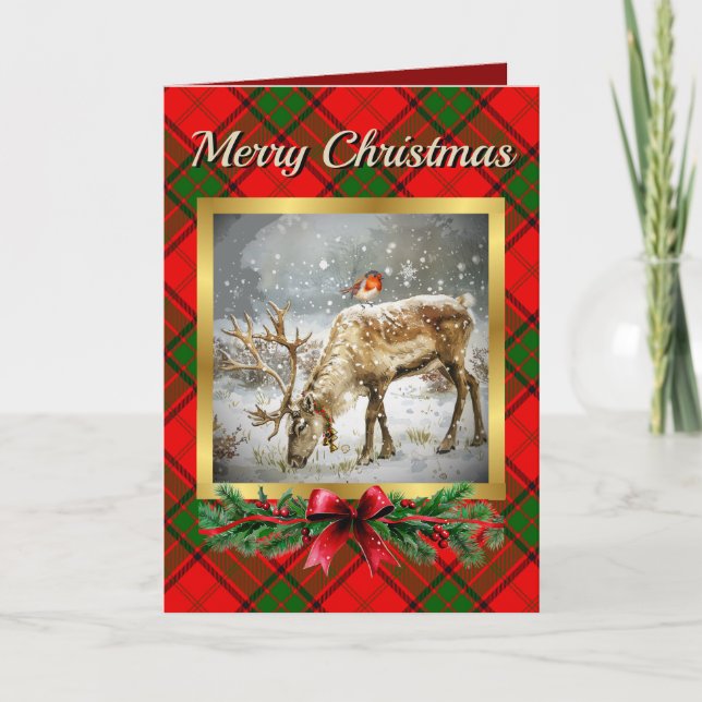 Adair Stag & Robin Tartan Personalized  Holiday Card (Front)
