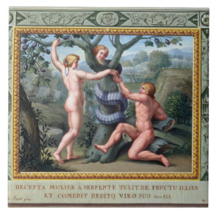 Adam and Eve with the Serpent, illustration from t Tile