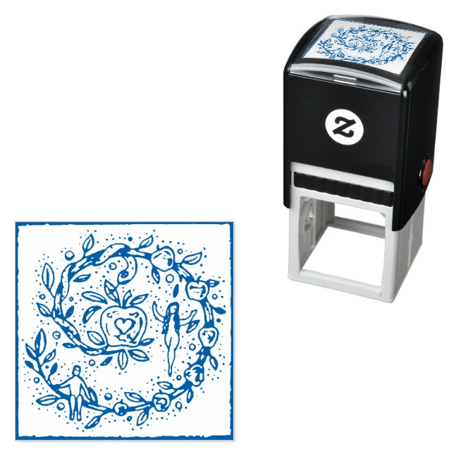 ADAM & EVE, APPLE IN GARDEN OF EDEN FOLKART WREATH SELF-INKING STAMP (In Situ)