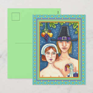 ADAM & EVE PILGRIMS, BIBLICAL WHIMSY THANKSGIVING HOLIDAY POSTCARD