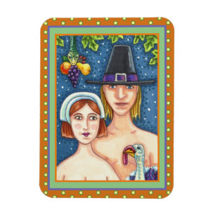 ADAM & EVE PILGRIMS, BIBLICAL WHIMSY THANKSGIVING MAGNET