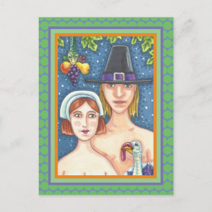 ADAM & EVE PILGRIMS, BIBLICAL WHIMSY THANKSGIVING POSTCARD