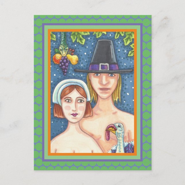 ADAM & EVE PILGRIMS, BIBLICAL WHIMSY THANKSGIVING POSTCARD (Front)