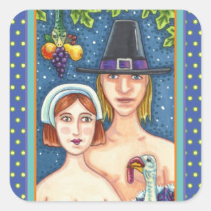 ADAM & EVE PILGRIMS, BIBLICAL WHIMSY THANKSGIVING SQUARE STICKER