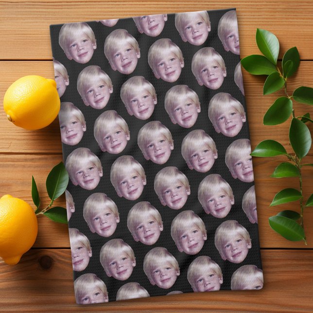 Add 1 Floating Head Photo Half Drop Pattern black Kitchen Towel (Custom Kitchen Towel with a Photo Collage)