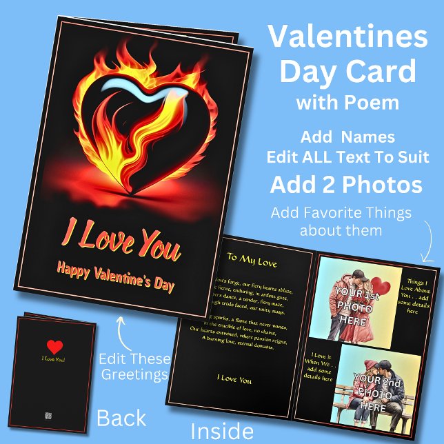 Add 2 Photo's Fiery Red Valentine Heart Love Poem Card (Creator Uploaded)