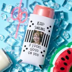 Add 2 photos keep smiling stripes white black seltzer can cooler
