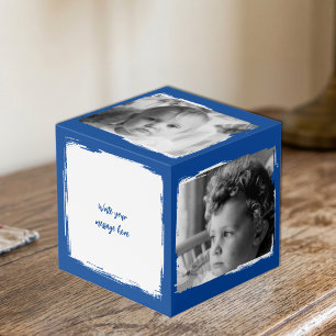 Add 4 images customize words blue white photo cube