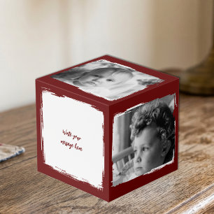 Add 4 images customize words burgundy white photo cube