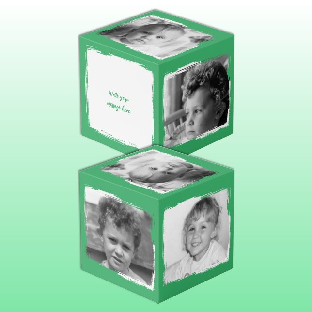 Add 4 images customize words green white photo cube (Creator Uploaded)